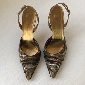 Vintage Casadei Sequin Sling Back Shoes   Size 8B   Heel 4"  Gold/Brown